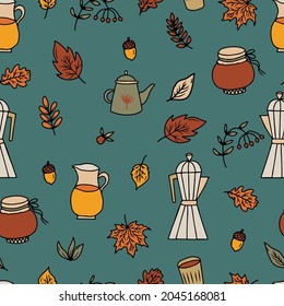 vector seamless pattern cozy print with coffee and tea in autumn. Warming set for autumn with coffee maker, kettle and jug with autumn drinks and fallen leaves