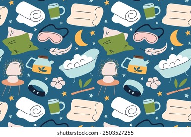 Patrón sin fisuras de Vector con artículos relacionados con el sueño acogedor, almohadas, mantas, máscaras oculares y garabatos de té, ambiente nocturno relajante. Ilustración de dibujos animados para textiles, papel de regalo, fondo para dormir