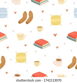 vector seamless pattern cozy things. sweet home, stay home. books, pillows, coffee