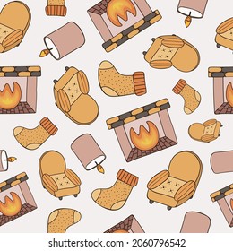 Vector seamless pattern with cozy winter atmosphere with yellow armchair, lighted fireplace, candle, knitted sock. Christmas and New year hand drawn vector illustrations on the beige background.