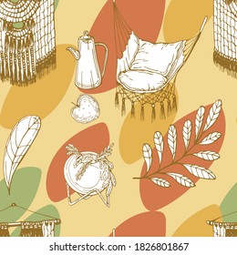 vector seamless pattern cozy,sweet home with elements of a knitted homakchair,macrame,teapot,round vase with a flower on a bright autumn background of leaves,doodle