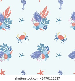 Vector Seamless Pattern with Crab and Seaweeds.