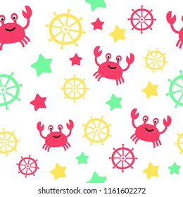 Vector seamless pattern with crab and steering wheel. Modern graphic design for package, fabric, paper, presentation, card. Hipster creative print. Print for baby shower, nursery, children clothes.