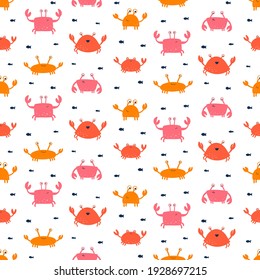 Vector seamless pattern with crabs. Hand-drawn doodle. Isolated on a white background. Design for children.
