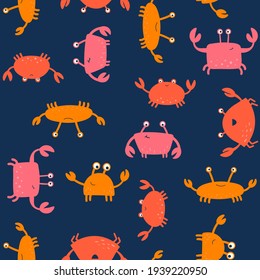 Vector seamless pattern with crabs. Hand-drawn doodle on a blue background. Design for children.