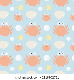 Vector seamless pattern with crabs. Marine theme. For greeting card, posters, banners, books, printing on the pack, printing on clothes, fabric, wallpaper.