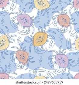 Vector seamless pattern. Crabs in outline style. Marine collection. Color background. Crabs on blue spot. Suitable for baby prints, baby decor, wallpaper, wrapping paper, scrapbooking, etc.