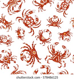 Vector seamless pattern of crabs. Various hand-drawn red crabs on white background. Boundless background for your design.