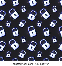 Vector Seamless Pattern. Cracked Locks, Shining Glitch Illustration, Hacked Concept, Background Template, Technology.