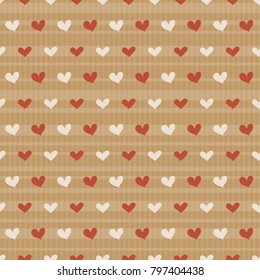 Vector seamless pattern of craft paper with white translucent stripes and colorful hearts in simple style. Valentine's Day background