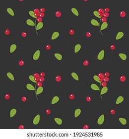 Vector seamless pattern of cranberry twig, berries and leaves on a gray background. Bright juicy berries for wallpaper, wrapping paper, textiles.