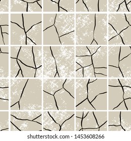 Vector seamless pattern of craquelure on tiles. Stylish grunge texture, consisting of fine cracks on paving. Vector grunge background.