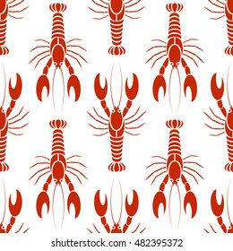Vector seamless pattern with crayfishes or lobsters in orange red colors, white background. Simple flat design for textile, fabric, wrapping. 