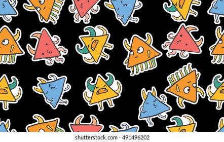 vector seamless pattern with crazy emotion monsters on yellow black background