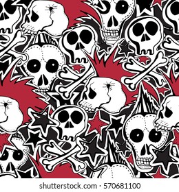 Vector seamless pattern. Crazy punk rock abstract background. Skulls, pins, guitars, rock symbols, disk, stars,lips