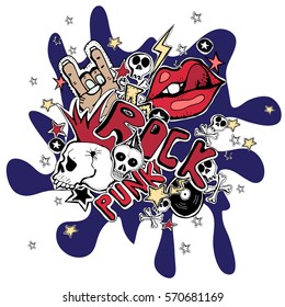 Vector seamless pattern. Crazy punk rock abstract background. Skulls, pins, guitars, rock symbols, disk, vinyl records, stars,lips.  