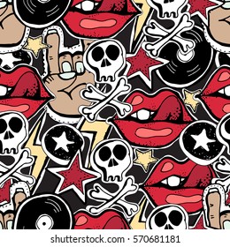Vector seamless pattern. Crazy punk rock abstract background. Skulls, pins, guitars, rock symbols, disk, stars,lips.  
