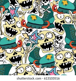 Vector seamless pattern. Crazy zombie hand drawn background. Skulls, zombie,  stars,lips. Can use for  party decoration, wallpaper, gift wrap, prints, home decor. 
