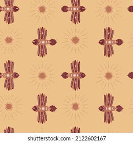 Vector Seamless pattern with creative birds in Scandinavian, folk style with floral, mystical elements on a yellow background. For wrapping paper, scrapbooking, fabric, wallpaper, pillows, stationery.