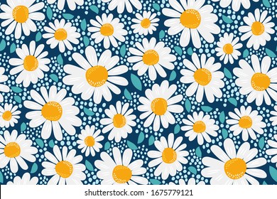 Vector seamless pattern. Creative floral print with chamomile flowers, leaves in a hand-drawn style on a dark blue-turquoise background. Perefct spring/summer template for fashion design, textiles...