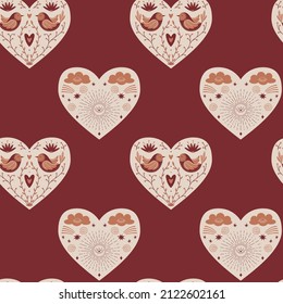 Vector Seamless pattern with creative hearts with mystical, celestial elements, birds, clouds, sun, twigs on a dark red background. For wrapping paper, scrapbooking, fabric, wallpaper, pillows.