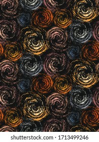 Vector seamless pattern. Creative impressionistic background with stylized colorful circles (spirals) on the dark. Abstract authentic texture, art fashion template, Wallpaper, print...