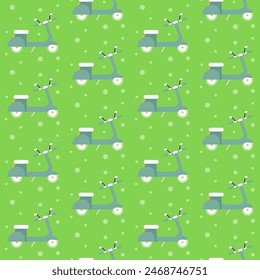 Vector seamless pattern with creative motorbike with daisy shaped wheels.