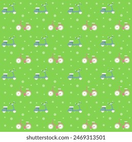 Vector seamless pattern with creative motorbike and bicycle with daisy shaped wheels.

