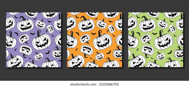 Vector seamless pattern of creepy halloween pumpkins. silhouette bats and stars printable texture background repeatable wallpaper on purple color background Scary Trick or Treat wallpaper.