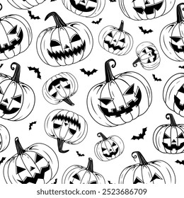 Vetor padrão sem emenda de abóboras de halloween assustadoras. morcegos silhueta e estrelas textura de fundo imprimível papel de parede repetível no fundo de cor roxa Scary Trick ou papel de parede de tratamento.