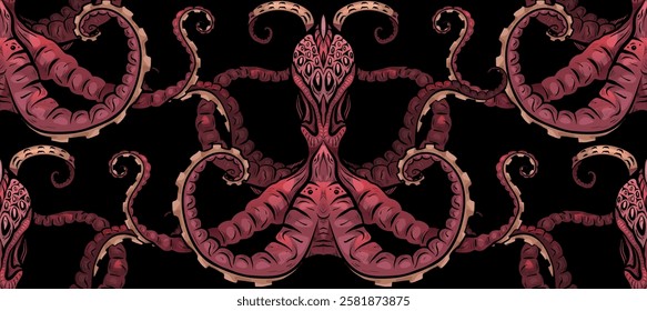 Vector seamless pattern with creepy octopuses on a black background. Texture with sea inhabitants with tentacles for wallpapers and fabrics.