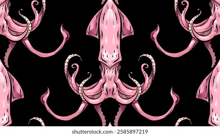 Vector seamless pattern with creepy squids on a black background. Texture with sea inhabitants with tentacles in cartoon style for wallpapers and fabrics.