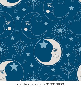 Vector seamless pattern with crescent moons and stars