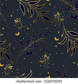 Vector seamless pattern with crescent, stars and herb. Design for card, fabric, print, greeting, cloth, poster, clothes, textile.