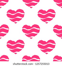 Vector seamless pattern with crimson grunge wavy striped heart isolated on the white background.