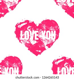 Vector seamless pattern with crimson shabby heart with text Love You. Isolated on the white background.