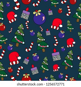 Vector seamless pattern with cristmas stuff. X-mas illustration for holiday design. New year background for post card, wrapping paper, web background, cover design, fabric. 