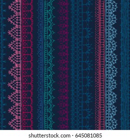 Vector seamless pattern of crochet lacy edges on dark background. Handmade knitted ornate texture. Doodles vertical edging and border patterns.