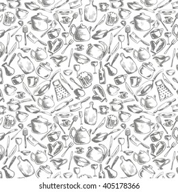 vector seamless pattern with crockery and kitchen utensils , pots , pans , sketch