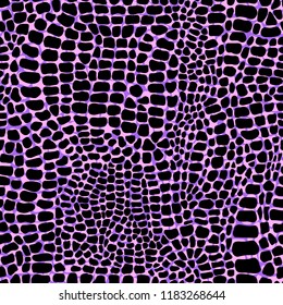 Vector seamless pattern with crocodile or alligator skin. Pink, purple, and black colored leather wallpaper. Animalistic background. 