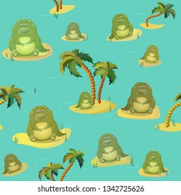 Vector seamless pattern with crocodile (alligator). Cute fat cartoon character. The concept of fun design for clothing and interior. Simple comic animal personage.