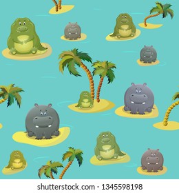 Vector seamless pattern with crocodile (alligator), hoppo (hippopotamus) and palm trees. Cute fat cartoon character. The concept of fun design for clothing and interior. Simple comic animal personage.