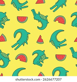 Vector Seamless Pattern of Crocodile Animal Watermelon Background for Fashion Wrapping Print Fabric Surface