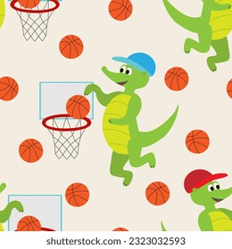 Vector seamless pattern with crocodile cartoon character with basketball ball and hoop