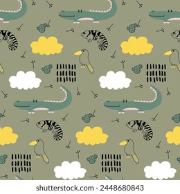 Vector seamless pattern with crocodile, chameleon, bird.Tropical jungle cartoon creatures.Pastel animals background.Cute natural pattern for fabric, childrens clothing,textiles,wrapping paper.