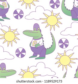 Vector seamless pattern with crocodile character, sun, clouds and ball Сhild illustration with alligator boy in t-shirt, panties and cap