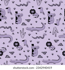 Vector seamless pattern with crocodile, koala, snake, bird, lizard.Tropical jungle cartoon creatures.Pastel animals background.Cute natural pattern for fabric, childrens clothing,wrapping paper.