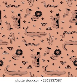 Vector seamless pattern with crocodile, koala, snake, bird, lizard.Tropical jungle cartoon creatures.Pastel animals background.Cute natural pattern for fabric, childrens clothing,wrapping paper.