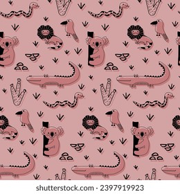 Vector seamless pattern with crocodile, koala, snake, bird, lizard.Tropical jungle cartoon creatures.Pastel animals background.Cute natural pattern for fabric, childrens clothing,wrapping paper.