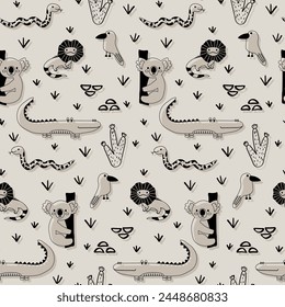 Vector seamless pattern with crocodile, koala, snake, bird, lizard.Tropical jungle cartoon creatures.Pastel animals background.Cute natural pattern for fabric, childrens clothing,wrapping paper.